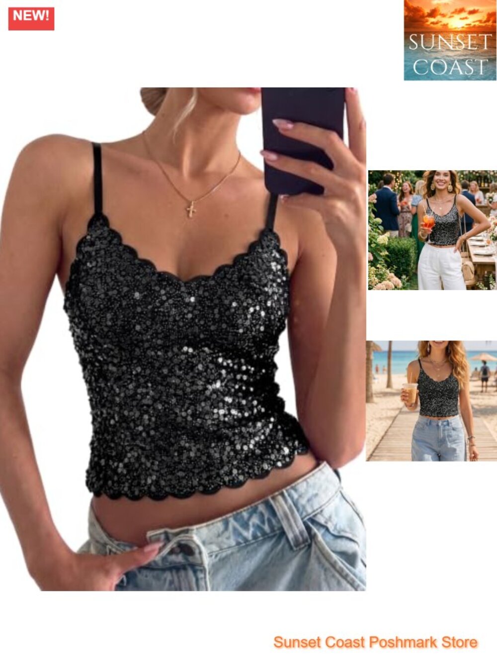 Sequin Sleeveless Tank Top with Built-in Bra Adjustable Spaghetti Straps Party